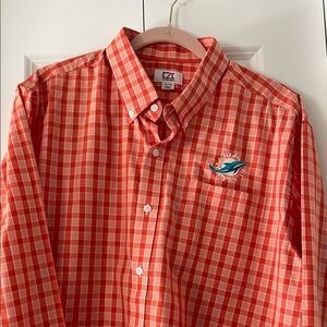 Cutter & Buck Orange Casual Miami Dolphins Button Down Orange Plaid Shirt